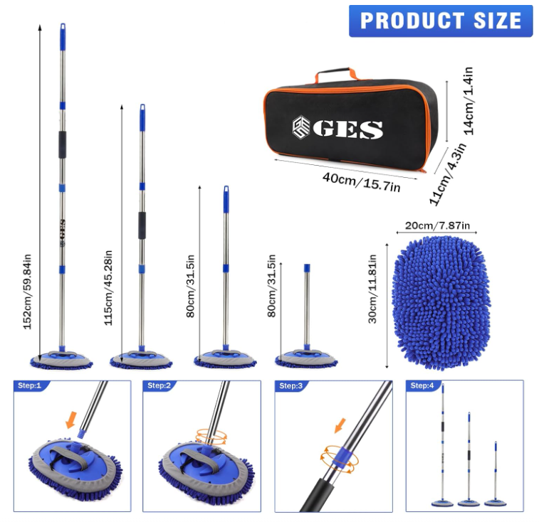 Car Wash Mop with Long Handle, Car Wash Brush with Telescoping Handle 